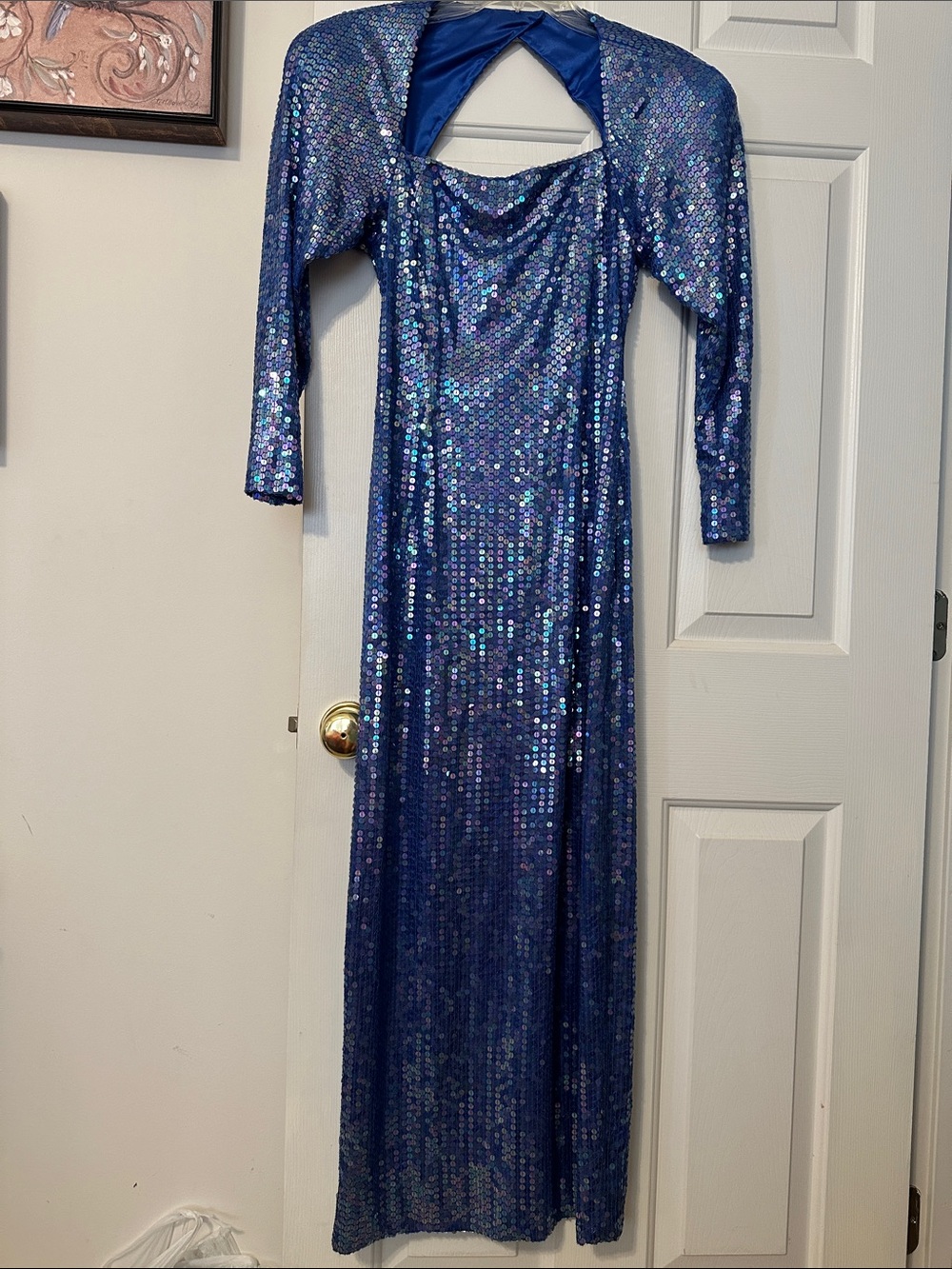 Oleg Cassini Iridescent Navy Blue Sequin Long Sleeve Gown